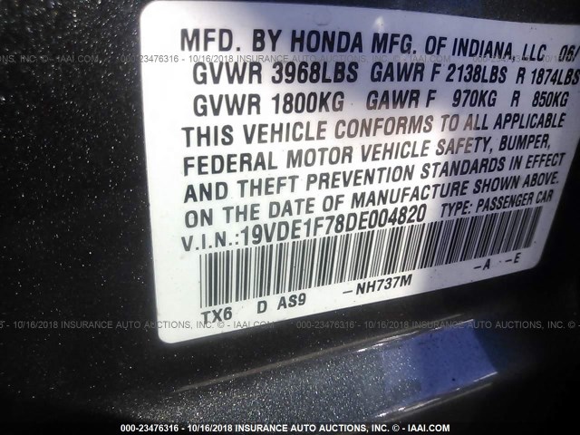 19VDE1F78DE004820 - 2013 ACURA ILX 20 TECH GRAY photo 9