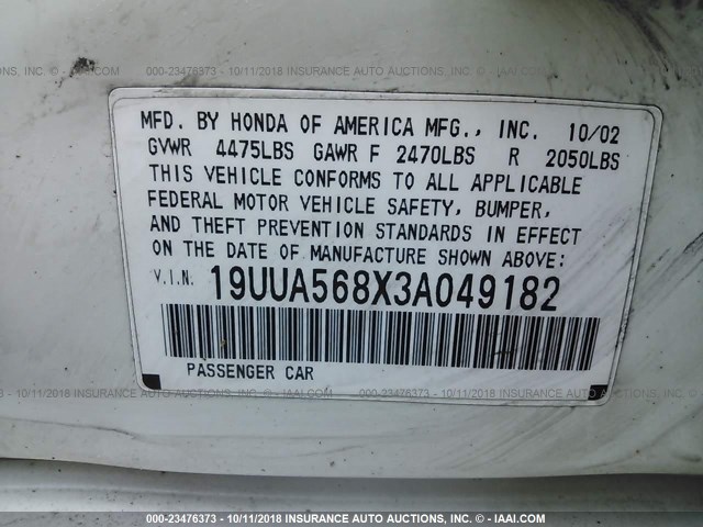 19UUA568X3A049182 - 2003 ACURA 3.2TL TYPE-S WHITE photo 9