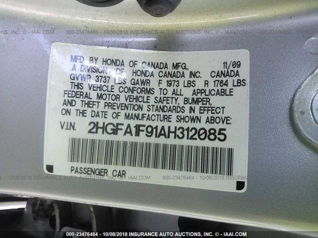 2HGFA1F91AH312085 - 2010 HONDA CIVIC EXL 银色 照片 9