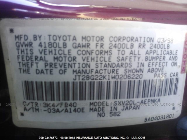 JT2BG22K1W0206220 - 1998 TOYOTA CAMRY CE/LE/XLE 红色 照片 9