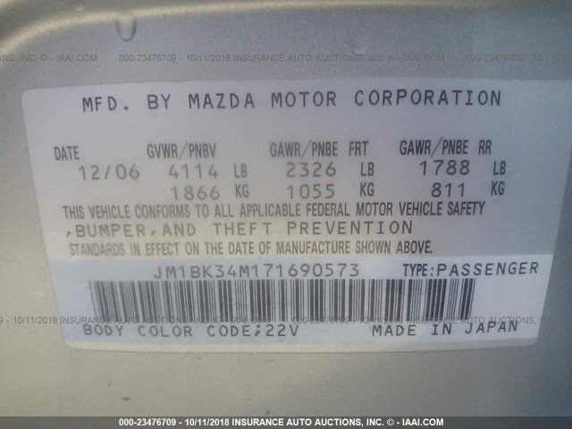 JM1BK34M171690573 - 2007 MAZDA SPEED 3 银色 照片 9