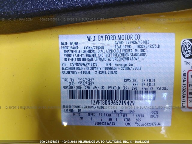 1ZVFT80N965219429 - 2006 FORD MUSTANG YELLOW photo 9