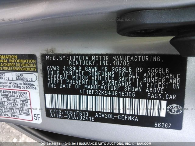 4T1BE32K94U816306 - 2004 TOYOTA CAMRY LE/XLE/SE SILVER photo 9