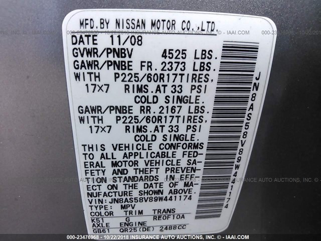 JN8AS58V89W441174 - 2009 NISSAN ROGUE S/SL GRAY photo 9