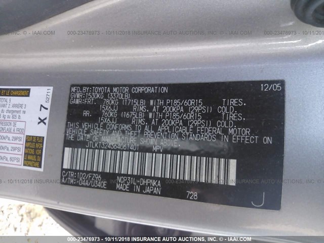 JTLKT324364061401 - 2006 TOYOTA SCION XB ვერცხლისფერი ფოტო 9