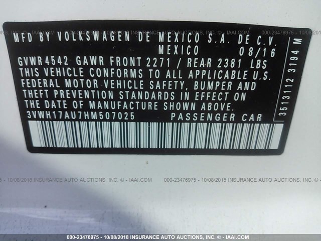 3VWH17AU7HM507025 - 2017 VOLKSWAGEN Golf Alltrack S/SE/SEL 白色 照片 9