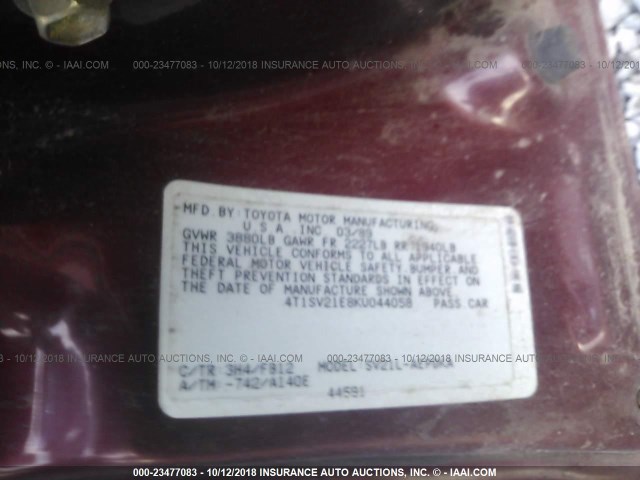 4T1SV21E8KU044058 - 1989 TOYOTA CAMRY DLX MAROON photo 9