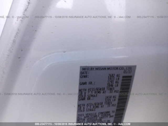 5N1AR2MN4DC680254 - 2013 NISSAN PATHFINDER S/SV/SL/PLATINUM WHITE photo 9
