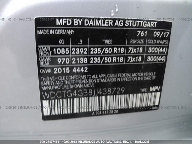 WDCTG4GB8JJ438729 - 2018 MERCEDES-BENZ GLA 250 4MATIC SILVER photo 9