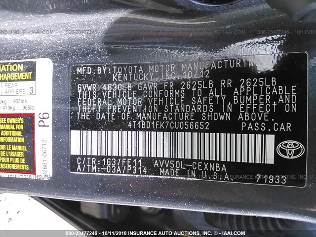 4T1BD1FK7CU056652 - 2012 TOYOTA CAMRY HYBRID/LE/XLE 灰色 照片 9