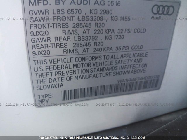 WA1VAAF74HD017735 - 2017 AUDI Q7 PRESTIGE WHITE photo 9