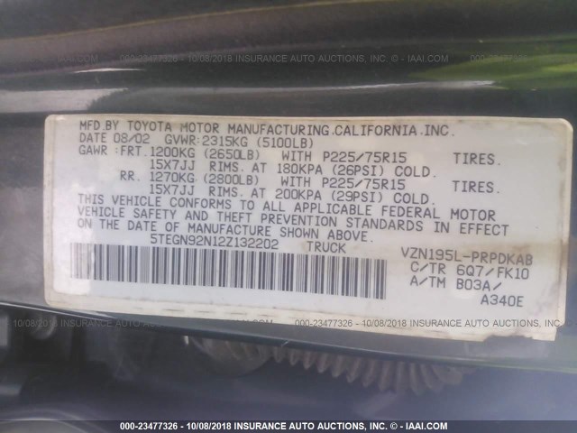 5TEGN92N12Z132202 - 2002 TOYOTA TACOMA DOUBLE CAB PRERUNNER GREEN photo 9