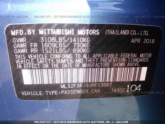 ML32F3FJ9JHF13667 - 2018 MITSUBISHI MIRAGE G4 ES ლურჯი ფოტო 9