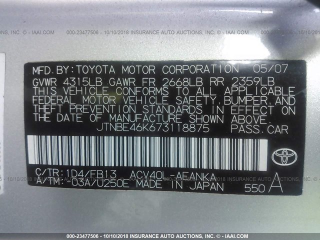 JTNBE46K673118875 - 2007 TOYOTA CAMRY NEW GENERAT CE/LE/XLE/SE SILVER photo 9