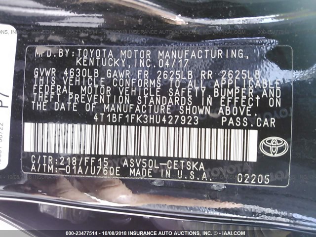 4T1BF1FK3HU427923 - 2017 TOYOTA CAMRY LE/XLE/SE/XSE 黑色 照片 9