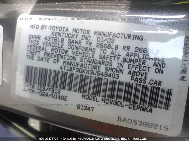 4T1BF30KX3U549403 - 2003 TOYOTA CAMRY LE/XLE/SE GRAY photo 9