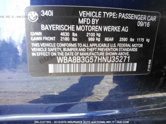 WBA8B3G57HNU35271 - 2017 BMW 340 I BLUE photo 9