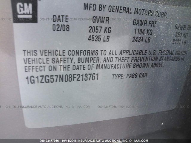 1G1ZG57N08F213761 - 2008 CHEVROLET MALIBU LS ყავისფერი ფოტო 9