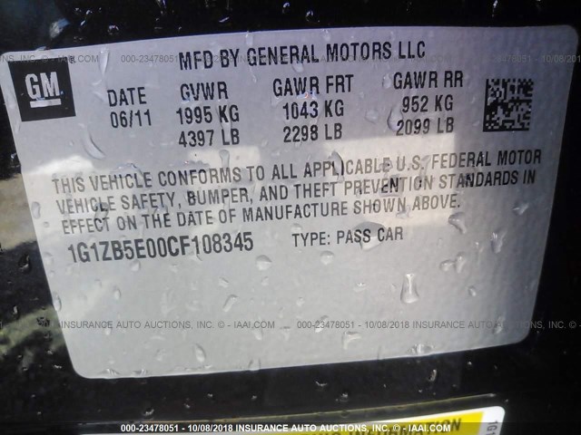 1G1ZB5E00CF108345 - 2012 CHEVROLET MALIBU LS Qara foto 9