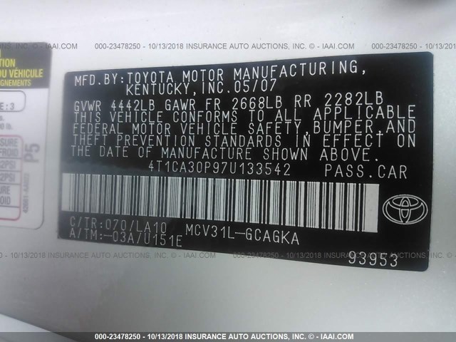 4T1CA30P97U133542 - 2007 TOYOTA CAMRY SOLARA SE/SLE თეთრი ფოტო 9