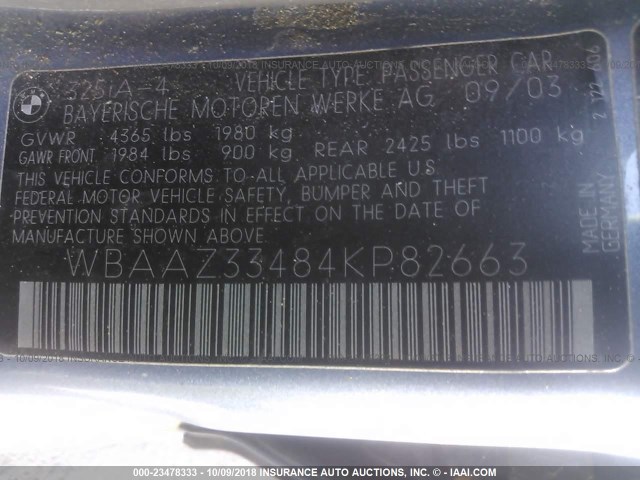 WBAAZ33484KP82663 - 2004 BMW 325 IS SULEV BLUE photo 9