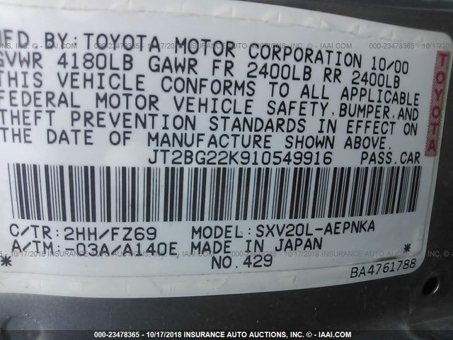 JT2BG22K910549916 - 2001 TOYOTA CAMRY CE/LE/XLE 灰色 照片 9