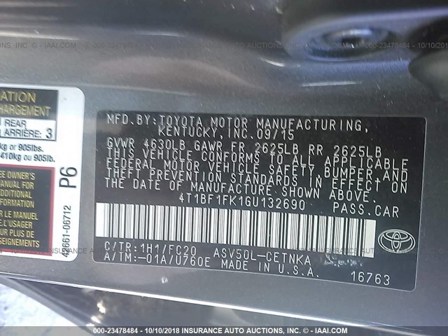 4T1BF1FK1GU132690 - 2016 TOYOTA CAMRY LE/XLE/SE/XSE 灰色 照片 9