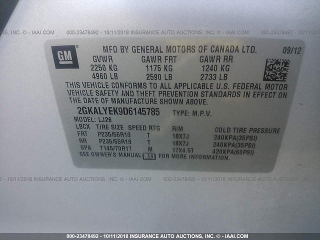 2GKALYEK9D6145785 - 2013 GMC TERRAIN DENALI SILVER photo 9