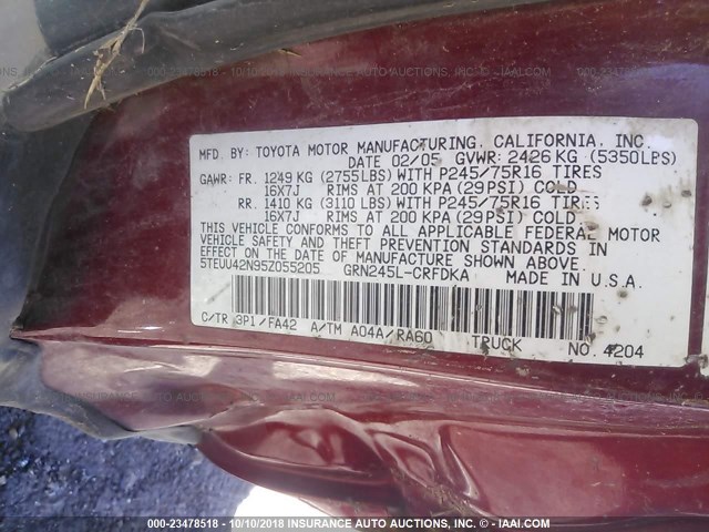 5TEUU42N95Z055205 - 2005 TOYOTA TACOMA ACCESS CAB Марун фото 9