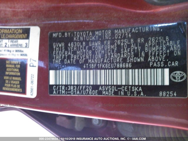 4T1BF1FK6EU788686 - 2014 TOYOTA CAMRY L/SE/LE/XLE RED photo 9