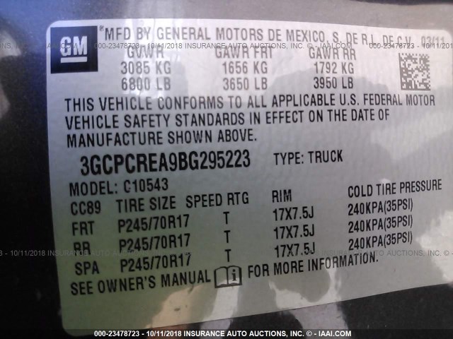 3GCPCREA9BG295223 - 2011 CHEVROLET SILVERADO C1500  LS GRAY photo 9