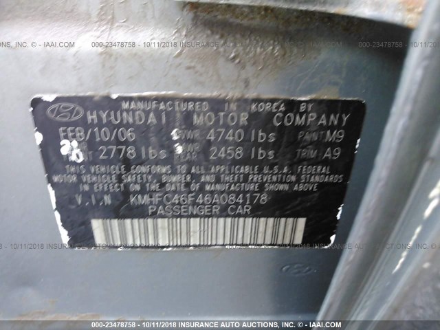 KMHFC46F46A084178 - 2006 HYUNDAI AZERA SE/LIMITED GREEN photo 9