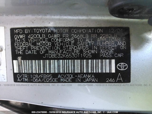 JTDBE32K653011925 - 2005 TOYOTA CAMRY LE/XLE/SE 银色 照片 9