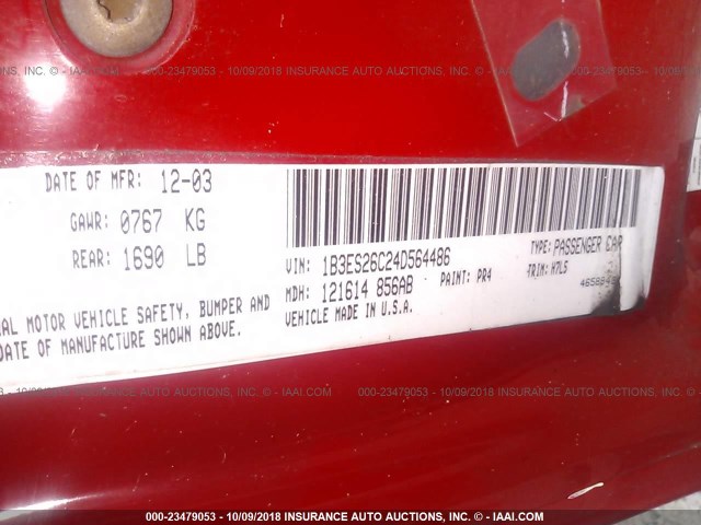 1B3ES26C24D564486 - 2004 DODGE NEON SE RED photo 9