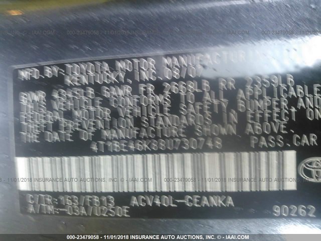 4T1BE46K88U730748 - 2008 TOYOTA CAMRY CE/LE/XLE/SE GRAY photo 9