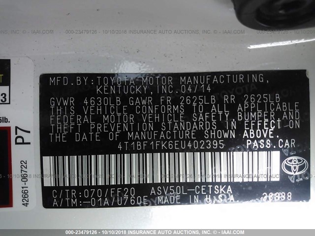 4T1BF1FK6EU402395 - 2014 TOYOTA CAMRY L/SE/LE/XLE 白色 照片 9