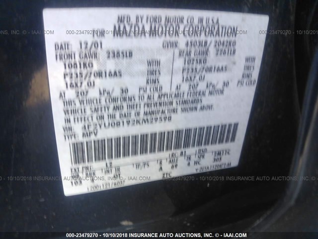 4F2YU08192KM29598 - 2002 MAZDA TRIBUTE LX/ES 蓝色 照片 9