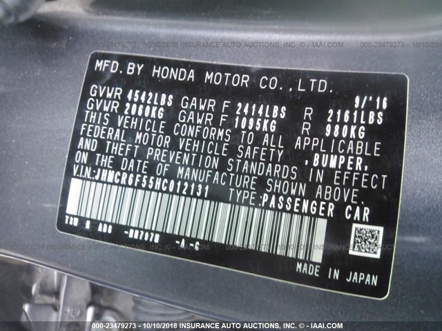 JHMCR6F55HC012131 - 2017 HONDA ACCORD HYBRID/EXL GRAY photo 9