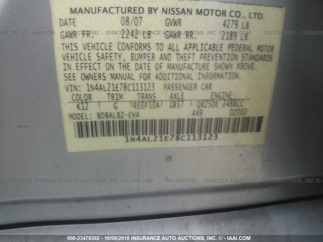 1N4AL21E78C113123 - 2008 NISSAN ALTIMA 2.5/2.5S GRAY photo 9