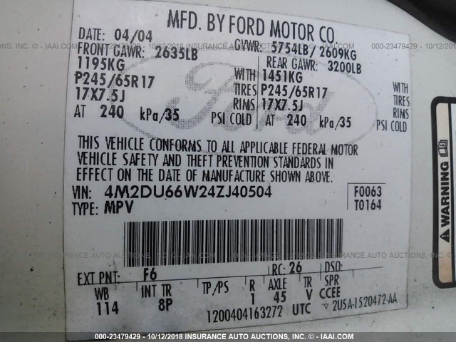 4M2DU66W24ZJ40504 - 2004 MERCURY MOUNTAINEER  WHITE photo 9