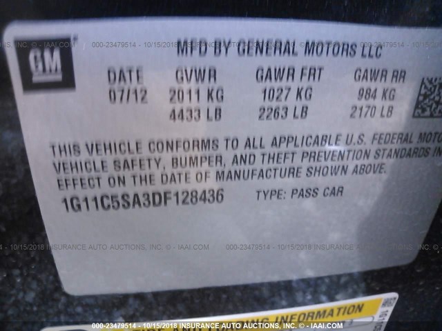1G11C5SA3DF128436 - 2013 CHEVROLET MALIBU 1LT BLACK photo 9