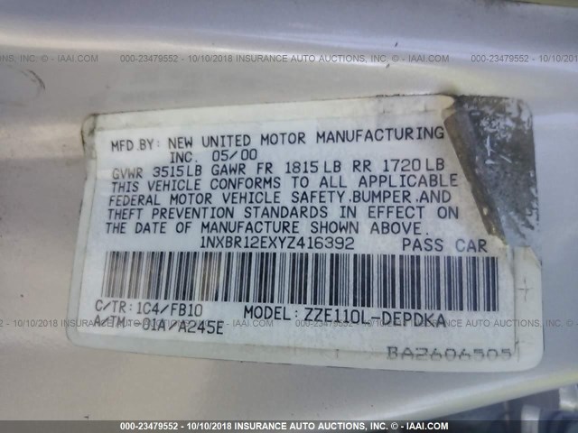 1NXBR12EXYZ416392 - 2000 TOYOTA COROLLA VE/CE/LE 灰色 照片 9