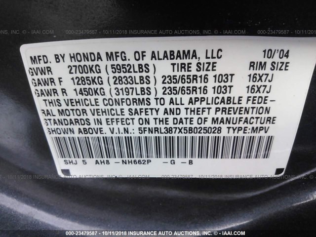 5FNRL387X5B025028 - 2005 HONDA ODYSSEY EXL GRAY photo 9