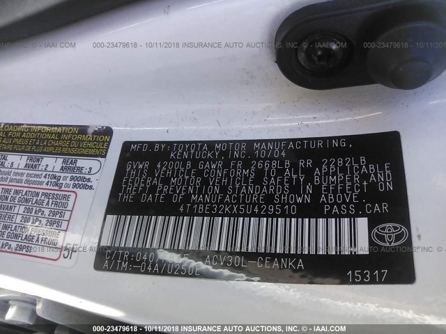 4T1BE32KX5U429510 - 2005 TOYOTA CAMRY LE/XLE/SE WHITE photo 9