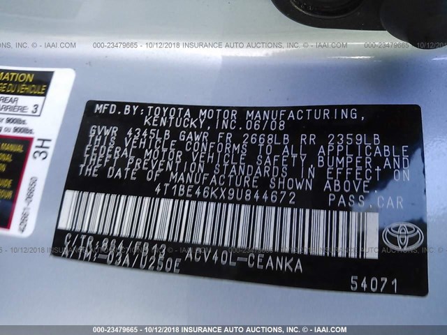 4T1BE46KX9U844672 - 2009 TOYOTA CAMRY SE/LE/XLE Light Blue photo 9