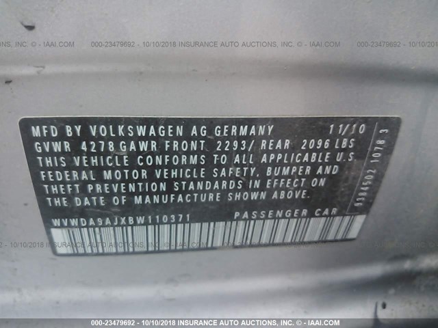 WVWDA9AJXBW110371 - 2011 VOLKSWAGEN GOLF SILVER photo 9