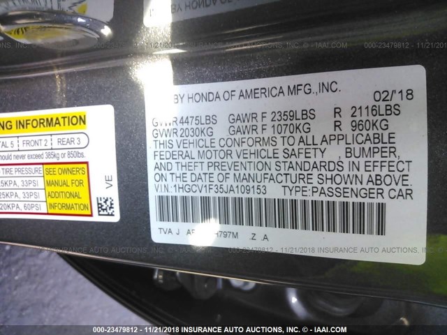 1HGCV1F35JA109153 - 2018 HONDA ACCORD SPORT GRAY photo 9