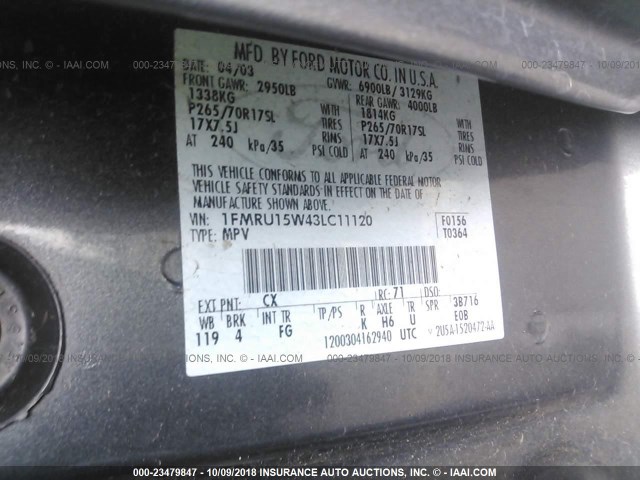1FMRU15W43LC11120 - 2003 FORD EXPEDITION XLT GRAY photo 9