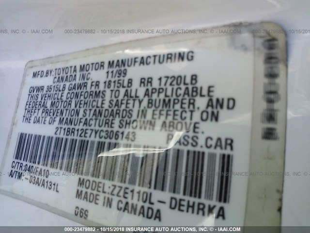 2T1BR12E7YC306143 - 2000 TOYOTA COROLLA VE/CE/LE 白色 照片 9