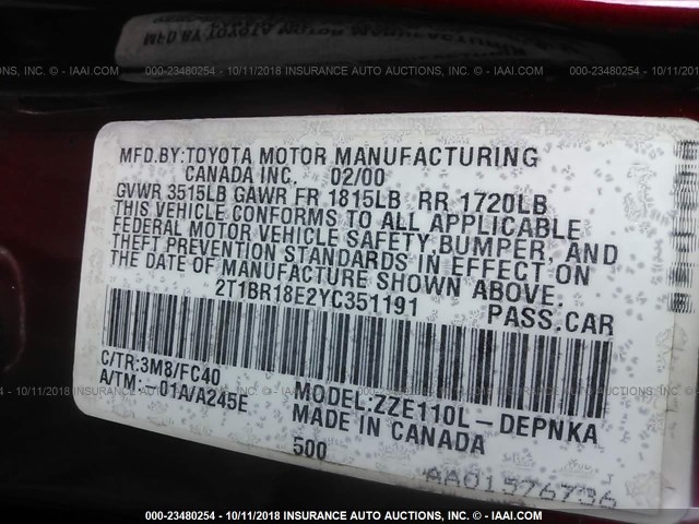 2T1BR18E2YC351191 - 2000 TOYOTA COROLLA VE/CE/LE 栗色 照片 9